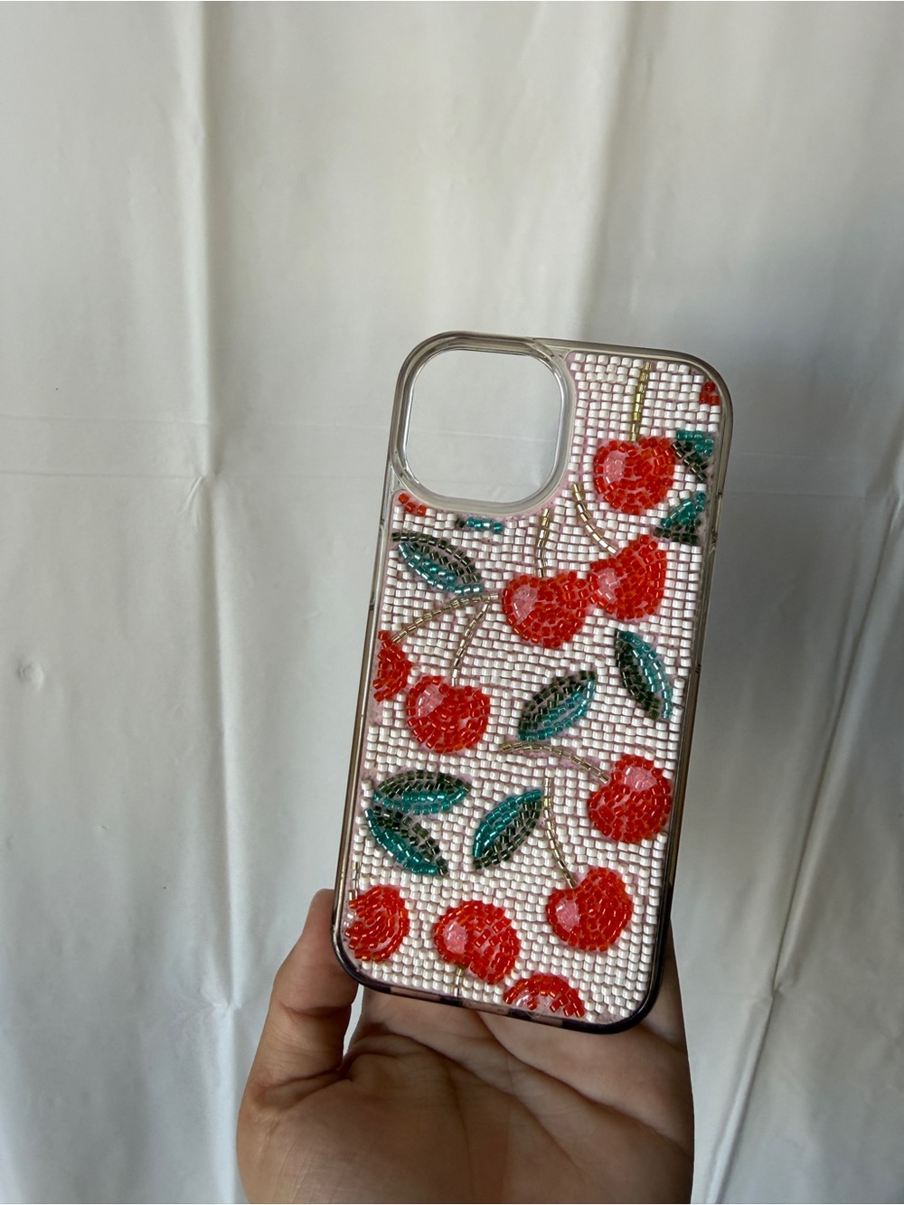 Clear Beaded Cherry Phone Case with Red Cherries and Green Leaves